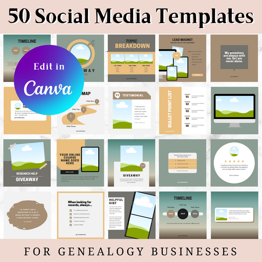 Work: 50 Social Media Templates for Genealogy Businesses